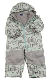 Mátovo-šedá melírovaná šusťáková zimní kombinéza s tučňáčky a odepínací kapucí lupilu