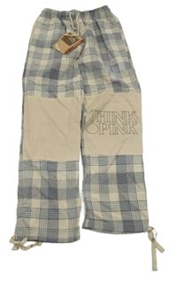 Nové - světlebéžovo-tmavomodré kockované plátenné nohavice s nápismi Think Pink