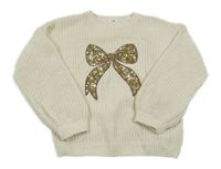 Smetanový žebrovaný žinylkový oversize svetr s mašlí s flitry H&M