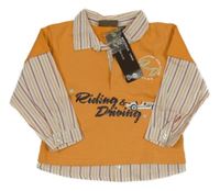 Nové - oranžová tepláková vesta s formulou a nápismi a pruhovanou košilí