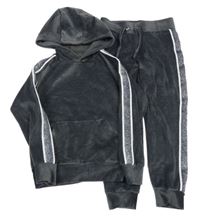 2Set - Tmavošedá žebrovaná sametová mikina s kapsou a pruhy a kapucí + tepláky F&F