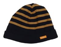 Tmavomodro-světlehnědá pruhovaná pletená čepice s logem PUSBLU