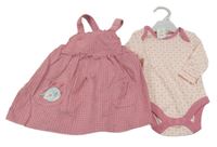 Nové - 2Set - Růžové puntíkaté manšestrové šaty s ptáčkem + bílo/růžové body s kytičkami F&F
