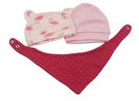 3Set - 2x - Čepice - Svetloružová s plameňáky a oušky, růžová + 1x - malinový puntíkatý šátek