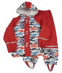 2Set - bílo-červená nepromokavá bunda s auty a kapucí + kalhoty lupilu