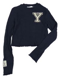 Tmavomodré žebrované crop triko s písmenkem H&M