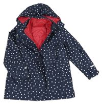 3v1 - Tmavomodrá puntíkatá šusťáková jarní bunda s kapucí + malinová šusťáková zateplená vesta TCM