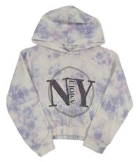 Bílo-lila batikovaná crop mikina s nápisom s kamienkami a kapucňou Matalan