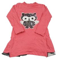 Tmavorůžová šatová tunika se sovou z překlápěcích flitrů