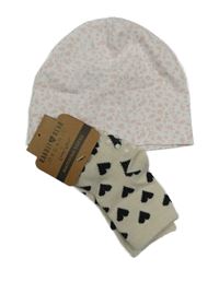 2set - Bílá květovaná bavlněná čepice + béžové ponožky se srdíčky