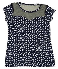 Tmavomodré bodkovaná é tričko so sieťovinou