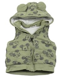 Khaki tepláková zateplená vesta s Mickeym a kapucí Disney