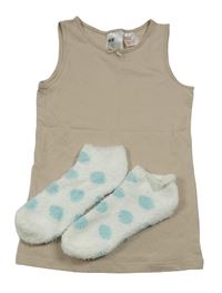 2 set - béžová košilka + bílo-modré puntíkaté chlupaté ponožky 