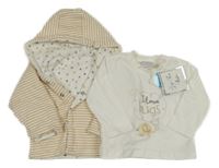Nové - 2 set - bílé triko s obrázkem + bílo-béžová pruhovaná lehce zateplená propínací mikina s kapucí 