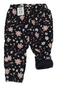 Nové - Tmavomodro-ružové kvetované menšestrové podšité nohavice Pep&Co
