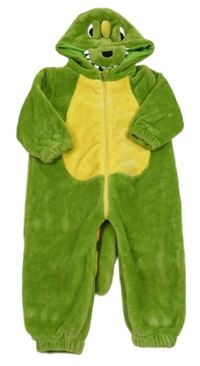 Zeleno-žlutá chlupatá kombinéza s ocasem a kapucí - dino