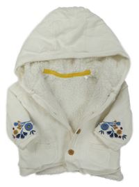Biely zateplený prepínaci sveter s výšivkami květů a kapucňou Mothercare