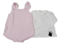 Nové - 2 set - bílé triko s růžovými kvítky + světlerůžové pletené laclové kraťasy dunnes