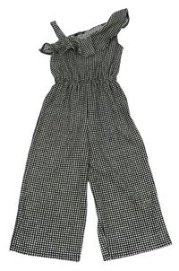 Čierno-biely kockovaný nohavicový culottes overal s volánikom George