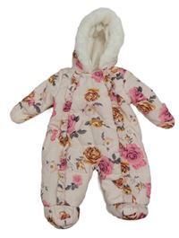 Růžová květovaná šusťáková zimní kombinéza s kapucí George