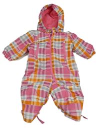 Ružovo-oranžovo-bielo-sivá kockovaná šušťáková zimná kombinéza s kapucňou Lupilu