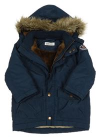 Tmavomodrá šušťáková zimná bunda s kapucňou s kožešinou H&M