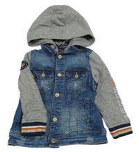 Modro-sivá rifľová bunda s teplákovymi rukávy a kapucňou C&A