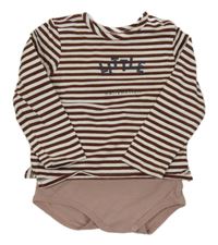 Bílo-hnědé pruhované triko s nápisem a všitým body 