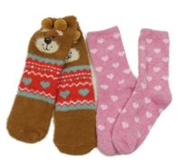 2set - 2x plyšové ponožky - hnědé s medvídky + růžové se srdíčky 