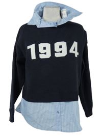 Nové - Dámský tmavomodrý svetr s modrou proužkovanou halenkovou vsadkou Primark