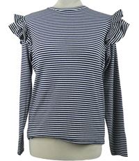 Dámské tmavomodro-bílé pruhované žebrované triko s volánky George 
