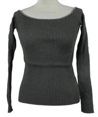 Dámsky sivý rebrovaný sveter s korálkami H&M