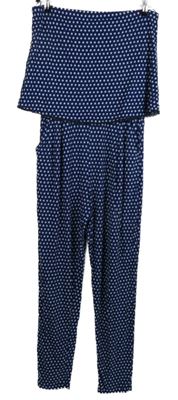 Dámský tmavomodrý vzorovaný kalhotový overal bez ramínek s volánem Next