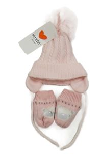 2set- světlerůžová čepice s bambulí+ rukavice s medvědy