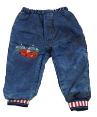 Modré zateplené nohavice s autami