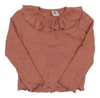 Růžové puntíkaté žebrované triko s volánkem Kiki&Koko