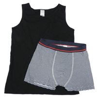 2 set - čierne tílko + tmavomodro-biele pruhované boxerky