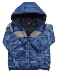 Modro-sivá šušťáková prešívaná ľahká zateplená bunda s dinosaurami a kapucňou Impidimpi