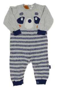 Šedo-tmavomodrý pletený overal s pandou a pruhy Pumpkin patch