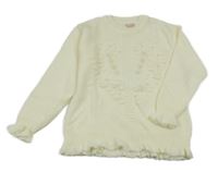 Smotanový pletený sveter so srdiečkom a kvetmi a perlami a volánikmi