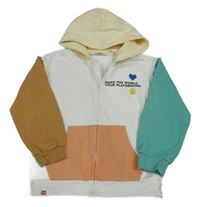 Bílá propínací mikina s barevnými rukávy, potiskem a kapucí H&M