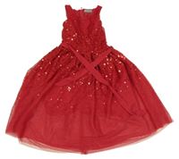 Červené tylové slavnostní šaty s flitry a páskem Destination