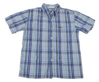 Světlemodro-červená kockovaná košeľa s nápisom