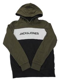 Kaki-bielo-tmavomodrá mikina s kapucňou Jack & Jones