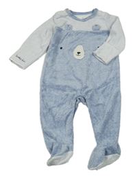 Světlemodro-biely zamatový overal s medvedíkom Mothercare