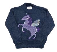 Tmavomodrý chlupatý třpytivý svetr s jednorožcem z flitrů C&A