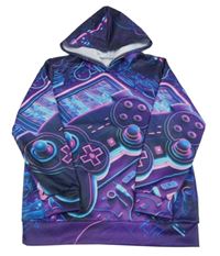 Fialovo-modro-ružová vzorovaná mikina s ovladačem a kapucňou