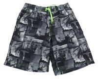 Čierno-sivé kockované plážové kraťasy s palmami Stop+go