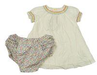 2Set - Smotanové bodkovaná é šaty s barevnou výšivkou + bílo/barevné kytičkované plátěné kalhotky na plenky s volánikmi Mothercare