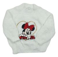 Biely chlpatý oversize sveter s Minnie a srdíčkem z flitrů zn. Disney